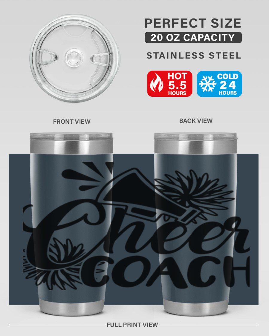 Cheer Coach 1392# Tumbler in stainless steel with a drink-thru lid, available in 20oz and 30oz sizes.