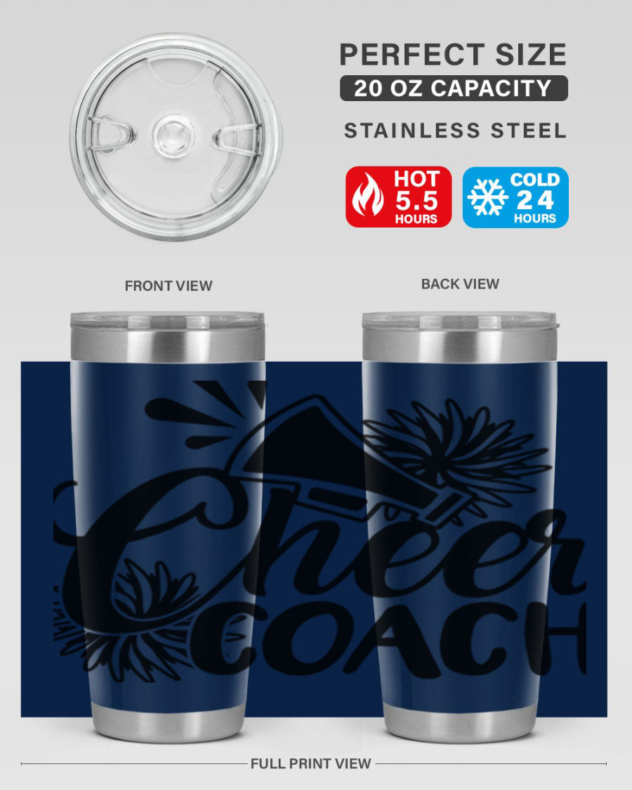 Cheer Coach 1392# Tumbler in stainless steel with a drink-thru lid, available in 20oz and 30oz sizes.