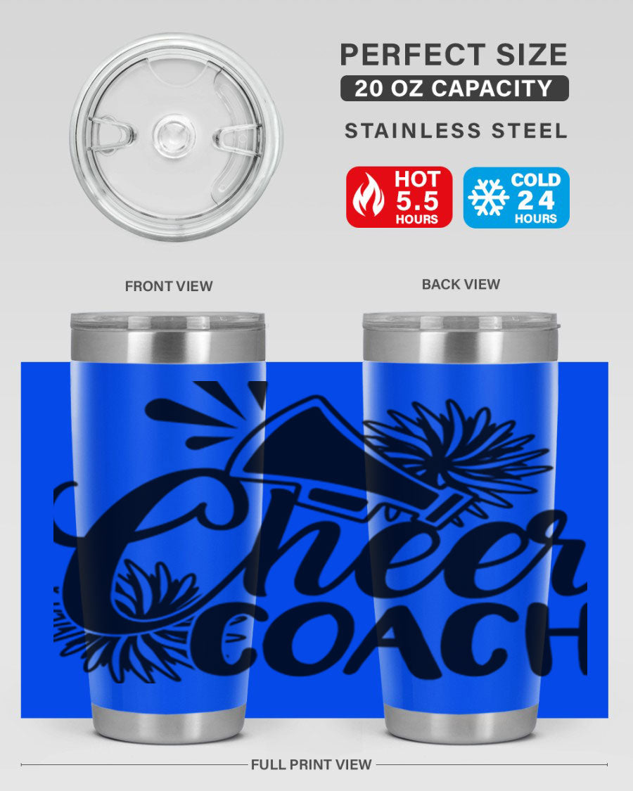 Cheer Coach 1392# Tumbler in stainless steel with a drink-thru lid, available in 20oz and 30oz sizes.