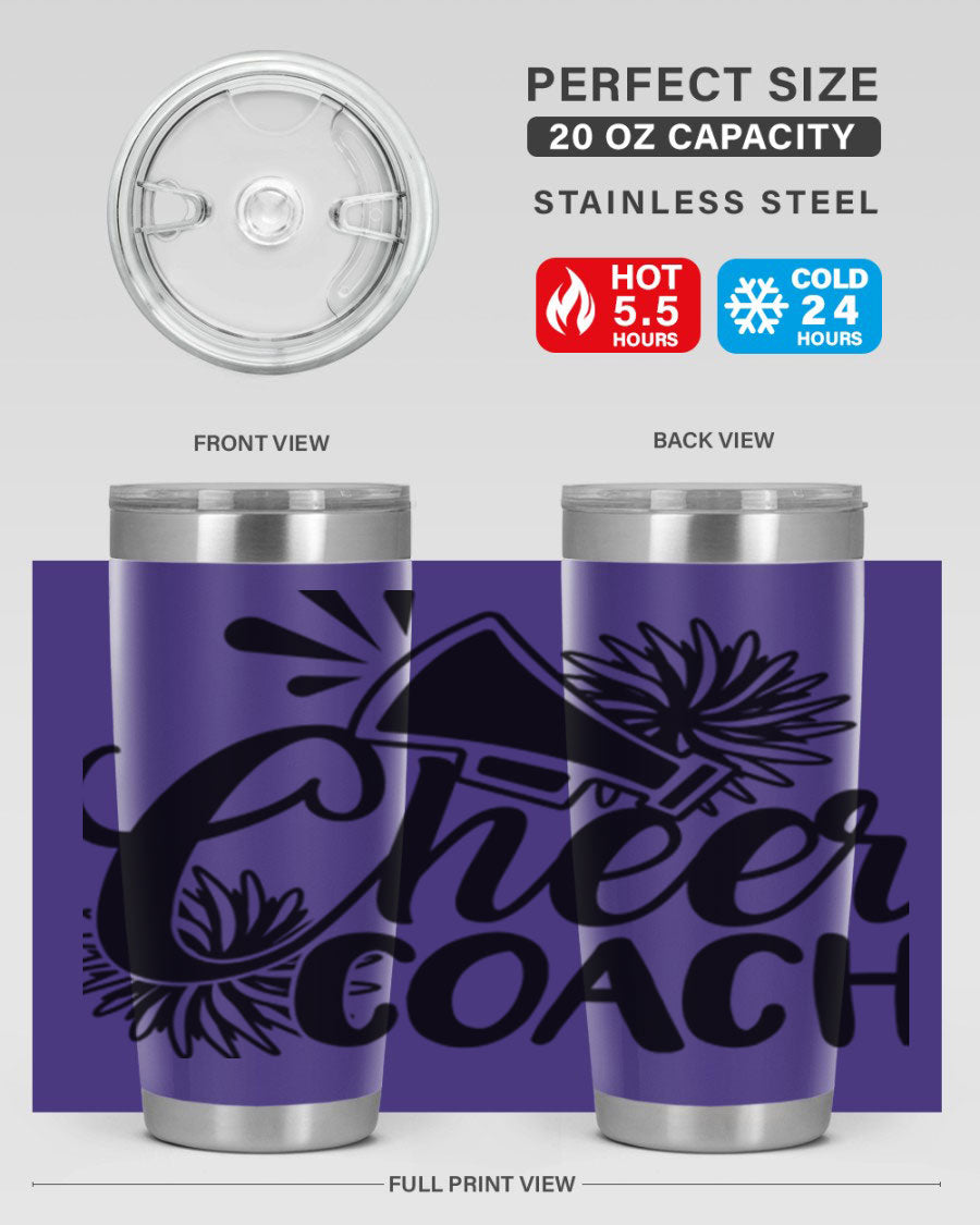 Cheer Coach 1392# Tumbler in stainless steel with a drink-thru lid, available in 20oz and 30oz sizes.