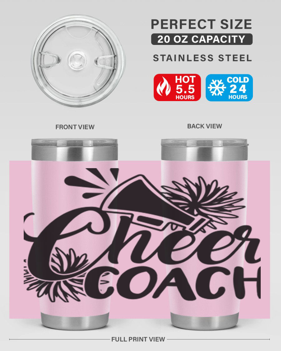 Cheer Coach 1392# Tumbler in stainless steel with a drink-thru lid, available in 20oz and 30oz sizes.