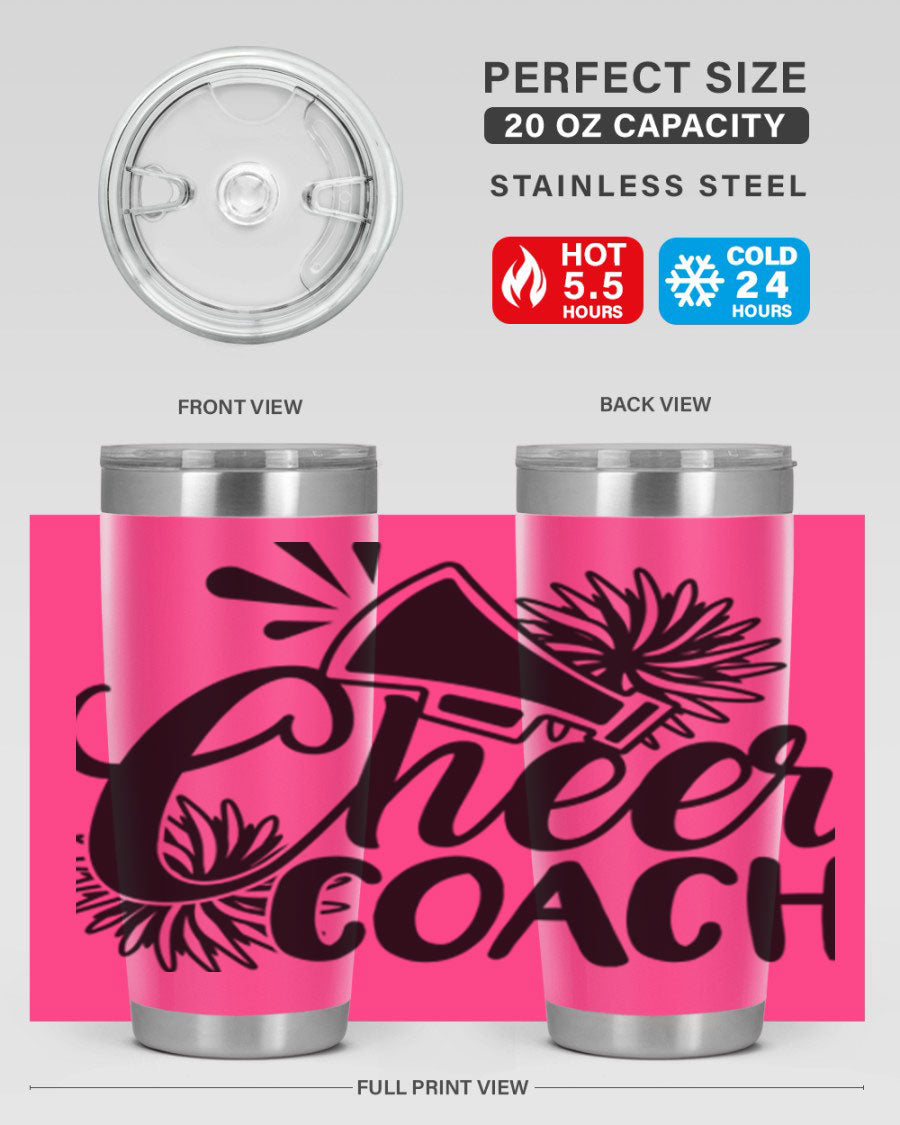 Cheer Coach 1392# Tumbler in stainless steel with a drink-thru lid, available in 20oz and 30oz sizes.