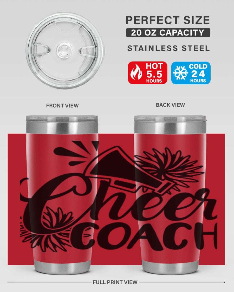 Cheer Coach 1392# Tumbler in stainless steel with a drink-thru lid, available in 20oz and 30oz sizes.