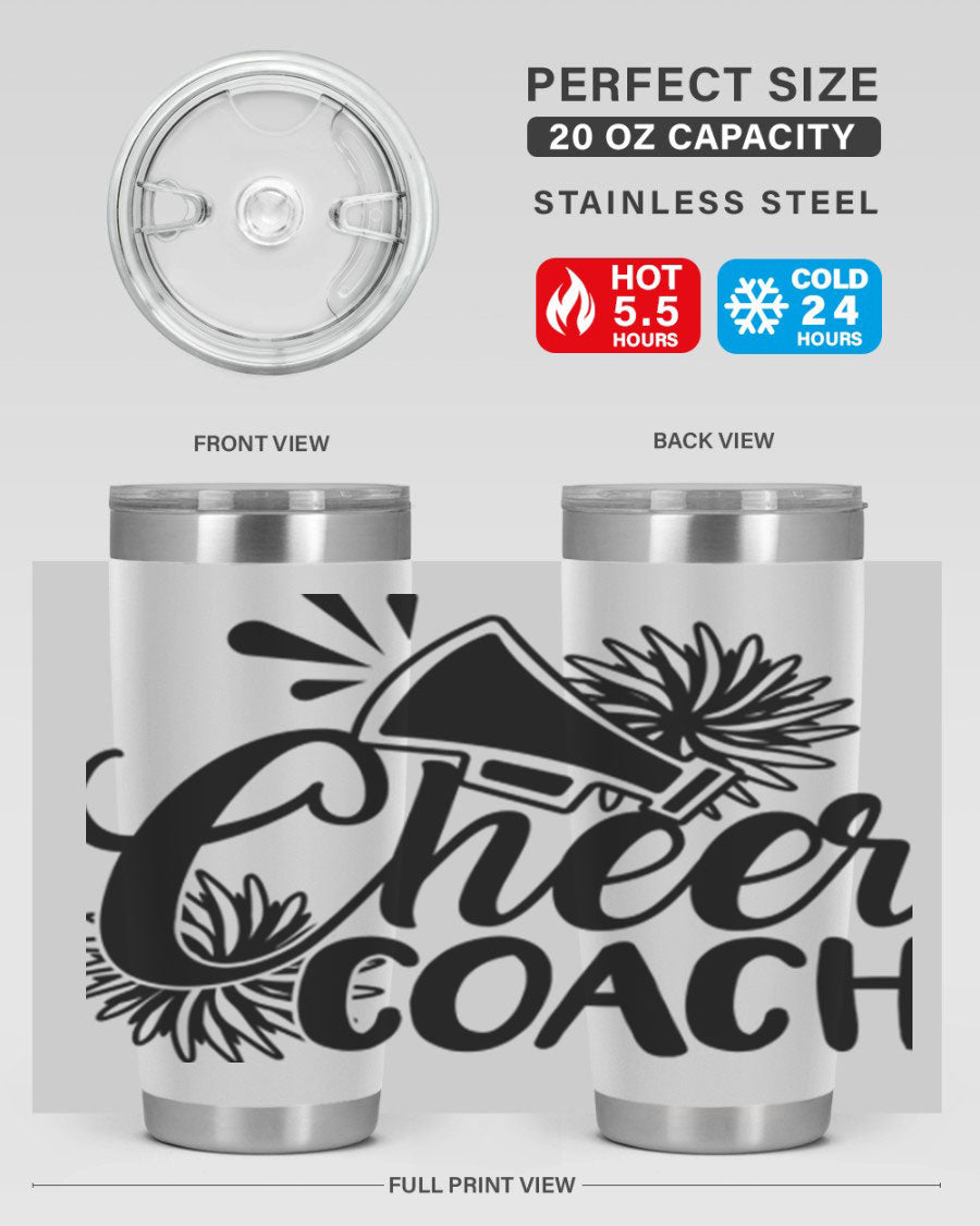 Cheer Coach 1392# Tumbler in stainless steel with a drink-thru lid, available in 20oz and 30oz sizes.