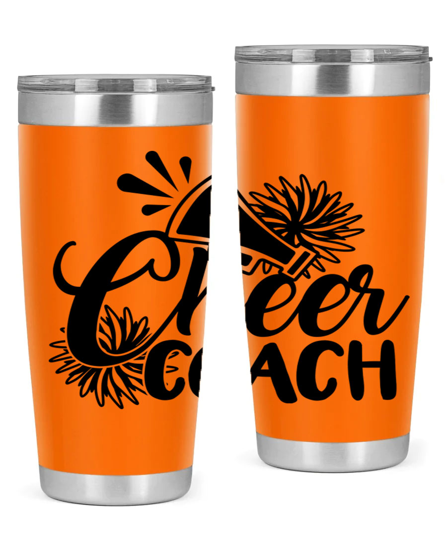 Cheer Coach 1392# Tumbler in stainless steel with a drink-thru lid, available in 20oz and 30oz sizes.