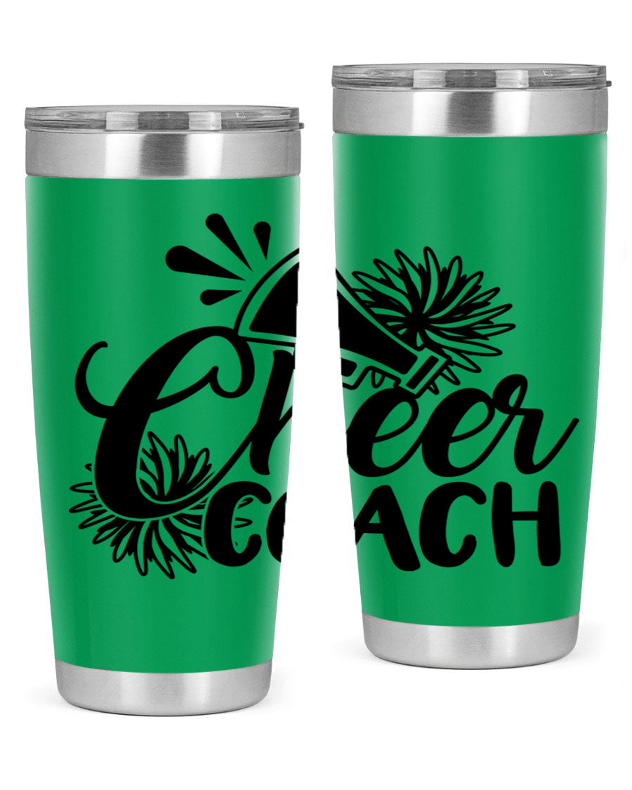 Cheer Coach 1392# Tumbler in stainless steel with a drink-thru lid, available in 20oz and 30oz sizes.