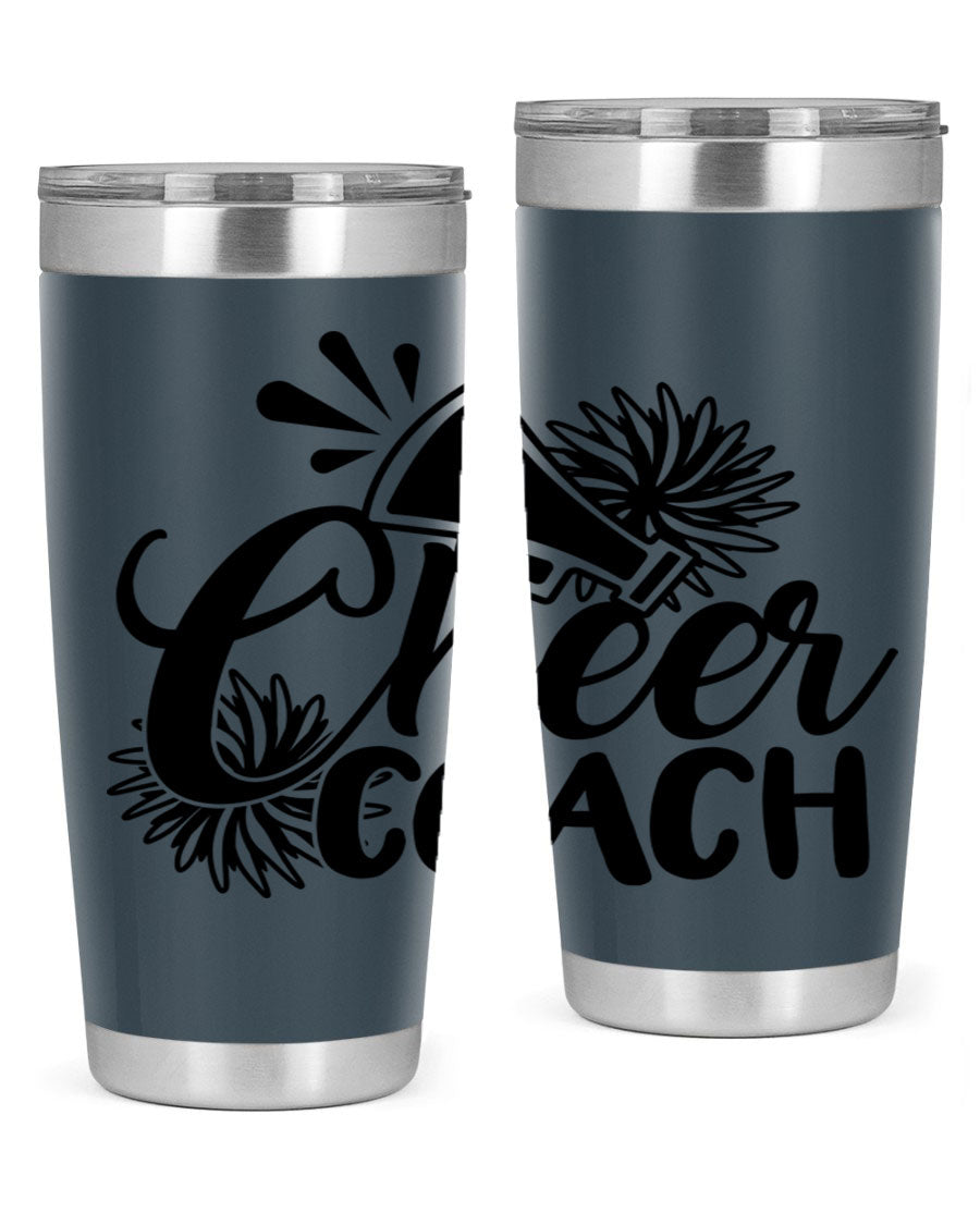 Cheer Coach 1392# Tumbler in stainless steel with a drink-thru lid, available in 20oz and 30oz sizes.