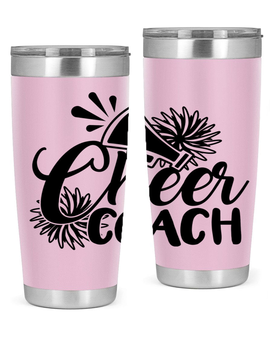 Cheer Coach 1392# Tumbler in stainless steel with a drink-thru lid, available in 20oz and 30oz sizes.