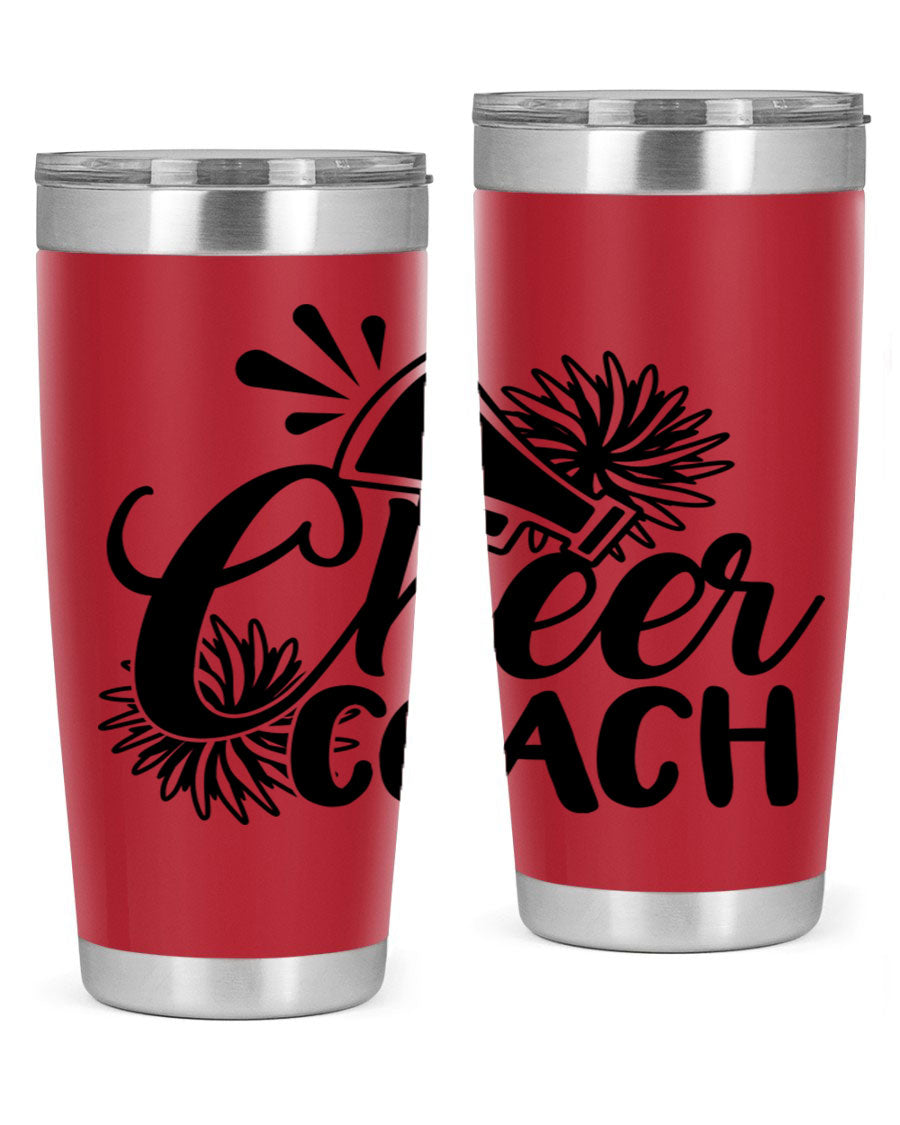 Cheer Coach 1392# Tumbler in stainless steel with a drink-thru lid, available in 20oz and 30oz sizes.