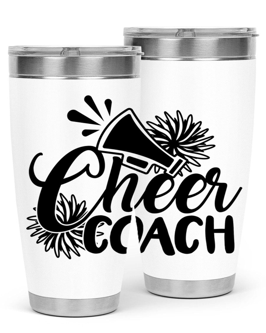 Cheer Coach 1392# Tumbler in stainless steel with a drink-thru lid, available in 20oz and 30oz sizes.