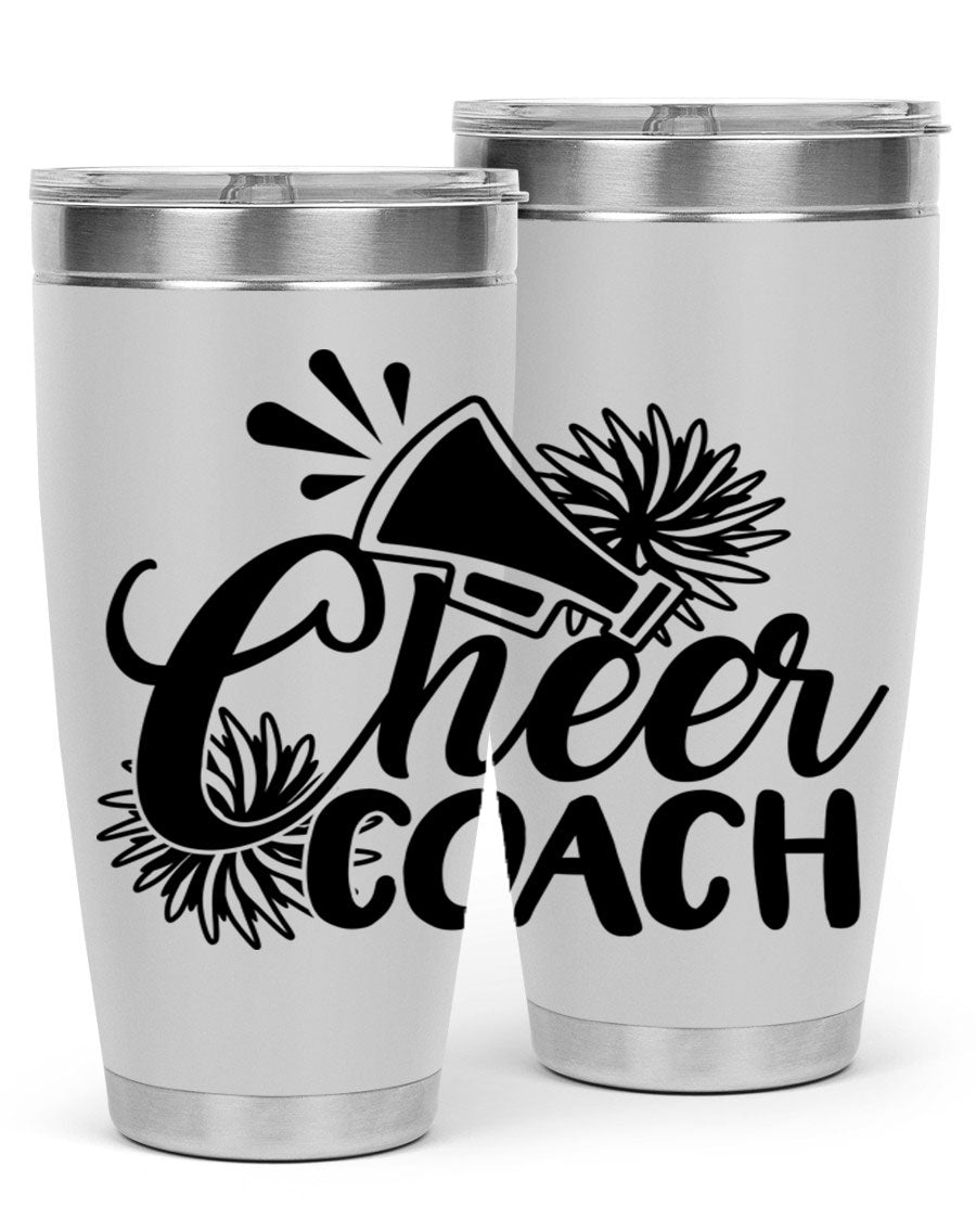 Cheer Coach 1392# Tumbler in stainless steel with a drink-thru lid, available in 20oz and 30oz sizes.