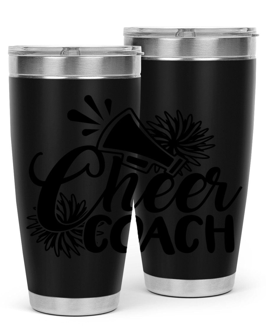 Cheer Coach 1392# Tumbler in stainless steel with a drink-thru lid, available in 20oz and 30oz sizes.