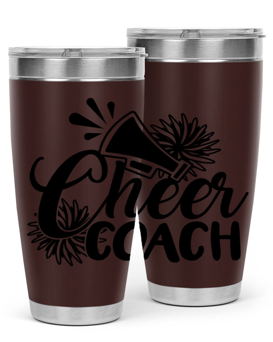 Cheer Coach 1392# Tumbler in stainless steel with a drink-thru lid, available in 20oz and 30oz sizes.