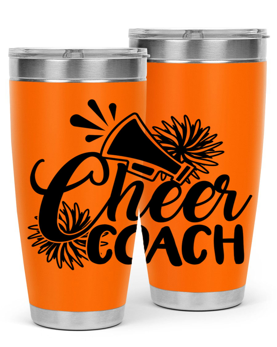 Cheer Coach 1392# Tumbler in stainless steel with a drink-thru lid, available in 20oz and 30oz sizes.