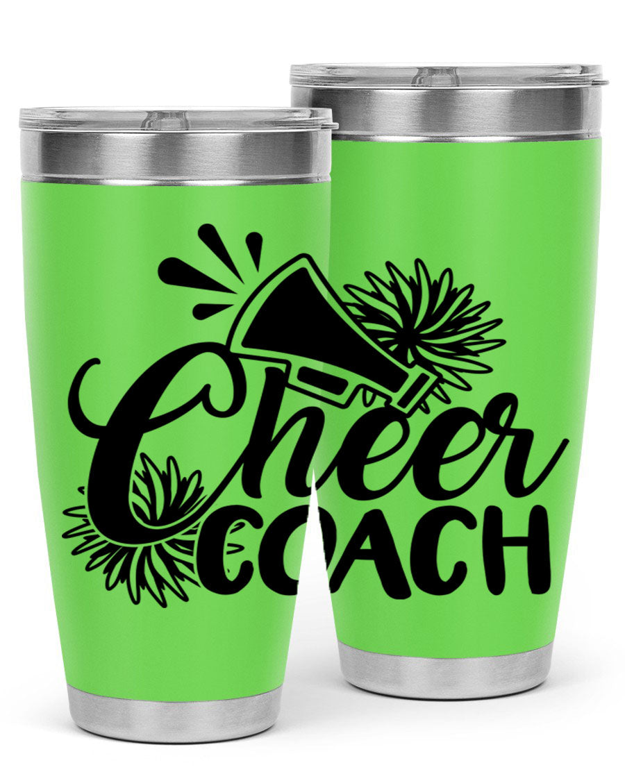 Cheer Coach 1392# Tumbler in stainless steel with a drink-thru lid, available in 20oz and 30oz sizes.