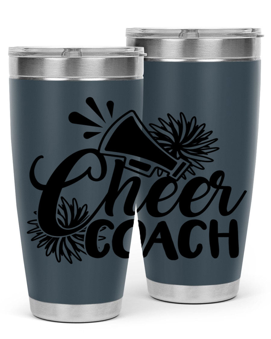 Cheer Coach 1392# Tumbler in stainless steel with a drink-thru lid, available in 20oz and 30oz sizes.