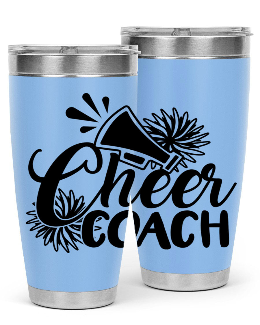 Cheer Coach 1392# Tumbler in stainless steel with a drink-thru lid, available in 20oz and 30oz sizes.