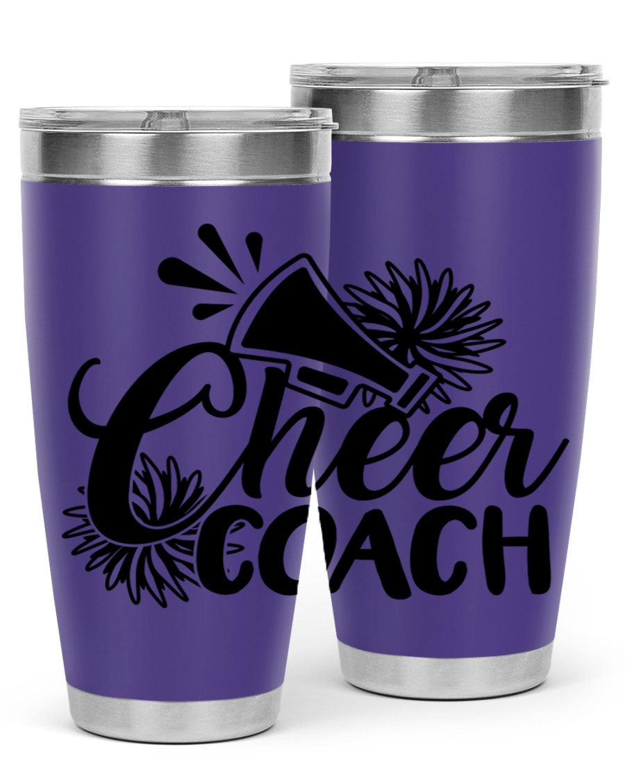 Cheer Coach 1392# Tumbler in stainless steel with a drink-thru lid, available in 20oz and 30oz sizes.