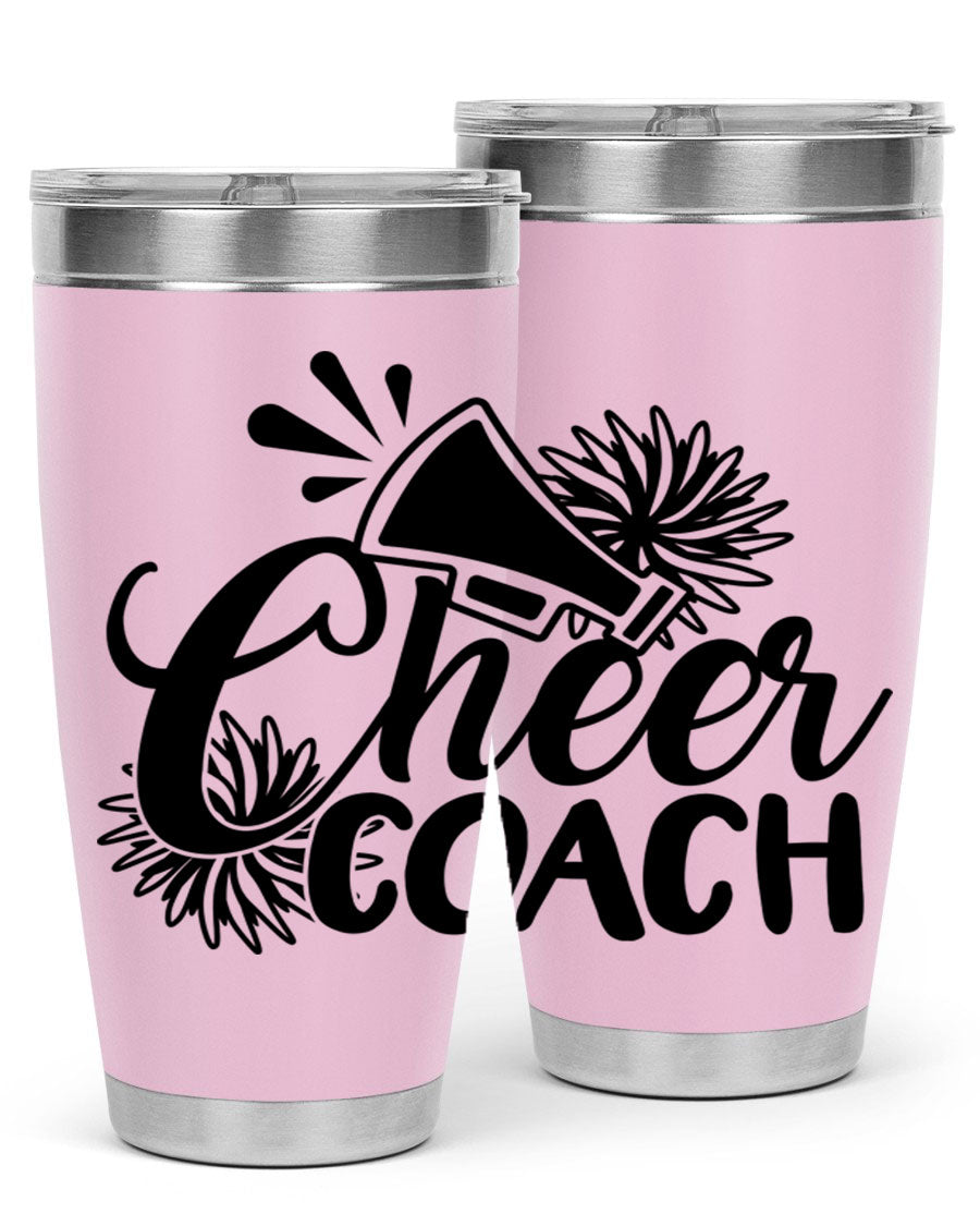 Cheer Coach 1392# Tumbler in stainless steel with a drink-thru lid, available in 20oz and 30oz sizes.