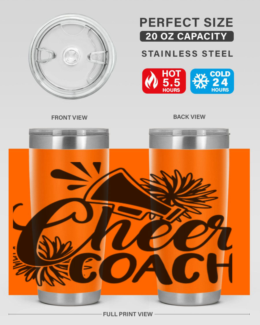 Cheer Coach 1392# Tumbler in stainless steel with a drink-thru lid, available in 20oz and 30oz sizes.