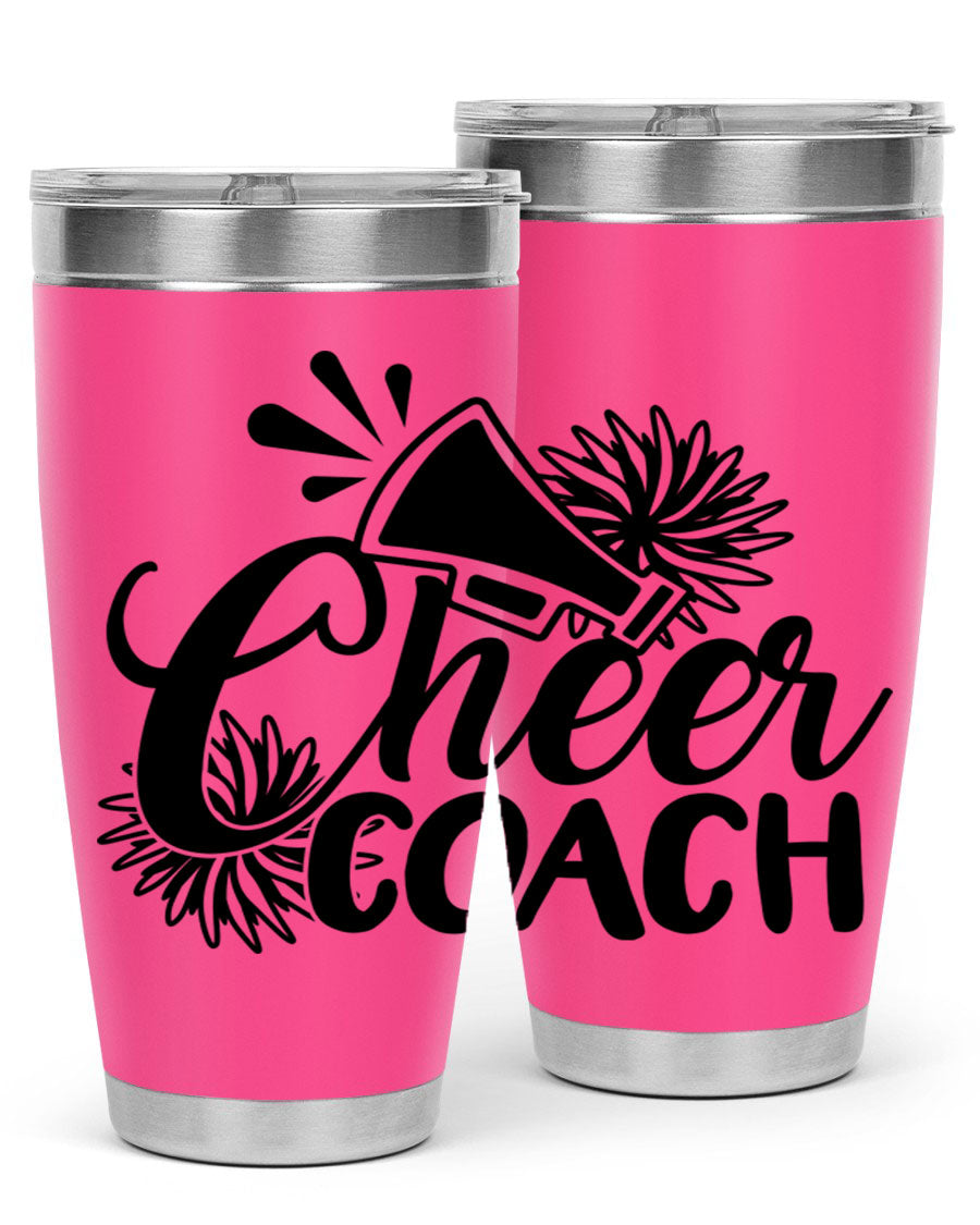 Cheer Coach 1392# Tumbler in stainless steel with a drink-thru lid, available in 20oz and 30oz sizes.