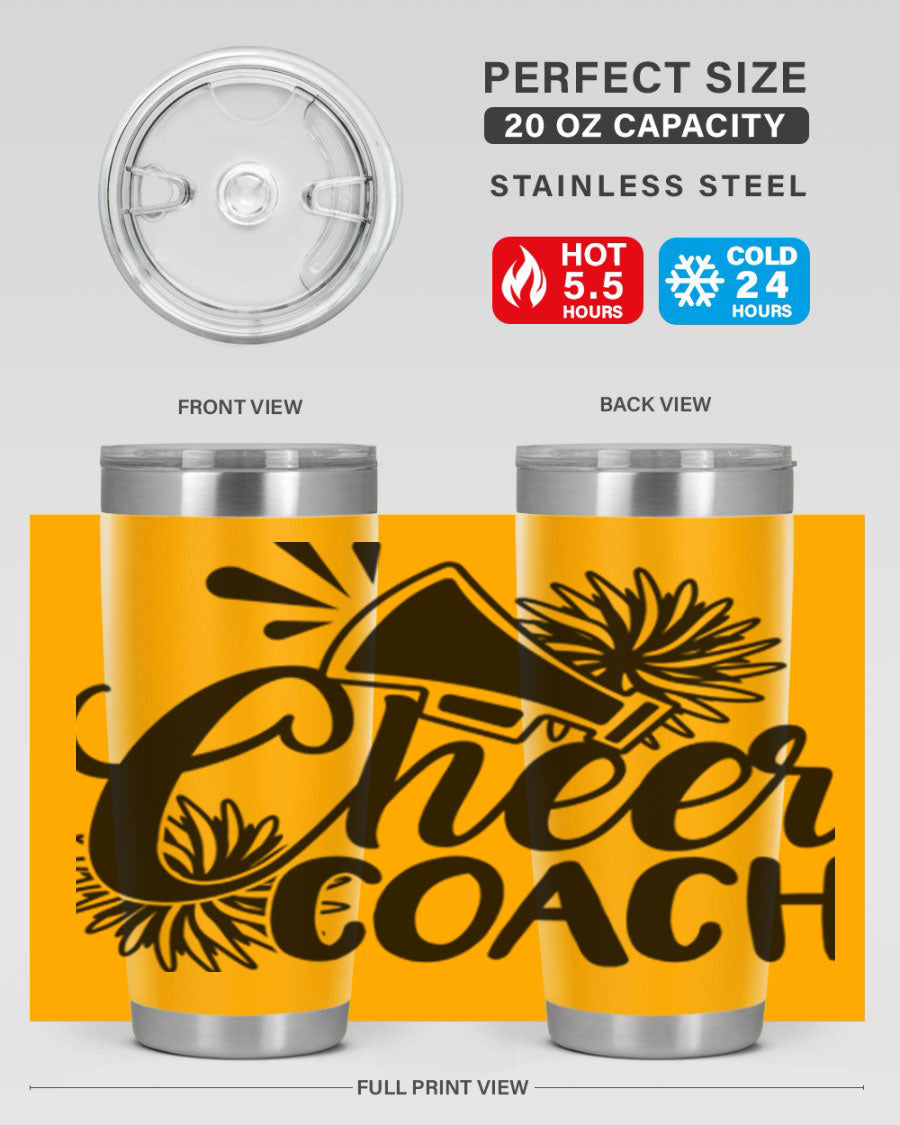 Cheer Coach 1392# Tumbler in stainless steel with a drink-thru lid, available in 20oz and 30oz sizes.