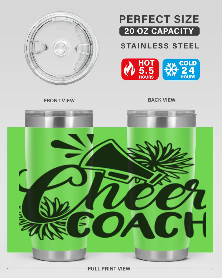 Cheer Coach 1392# Tumbler in stainless steel with a drink-thru lid, available in 20oz and 30oz sizes.