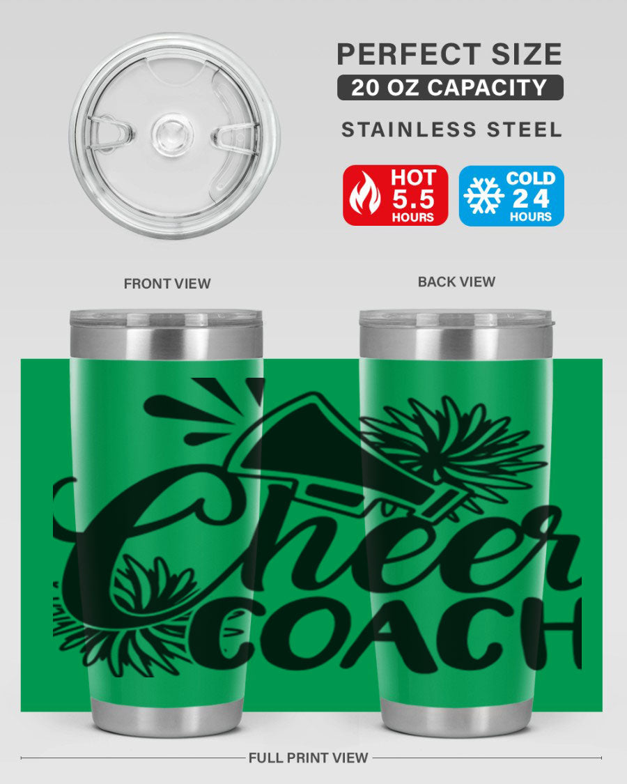 Cheer Coach 1392# Tumbler in stainless steel with a drink-thru lid, available in 20oz and 30oz sizes.