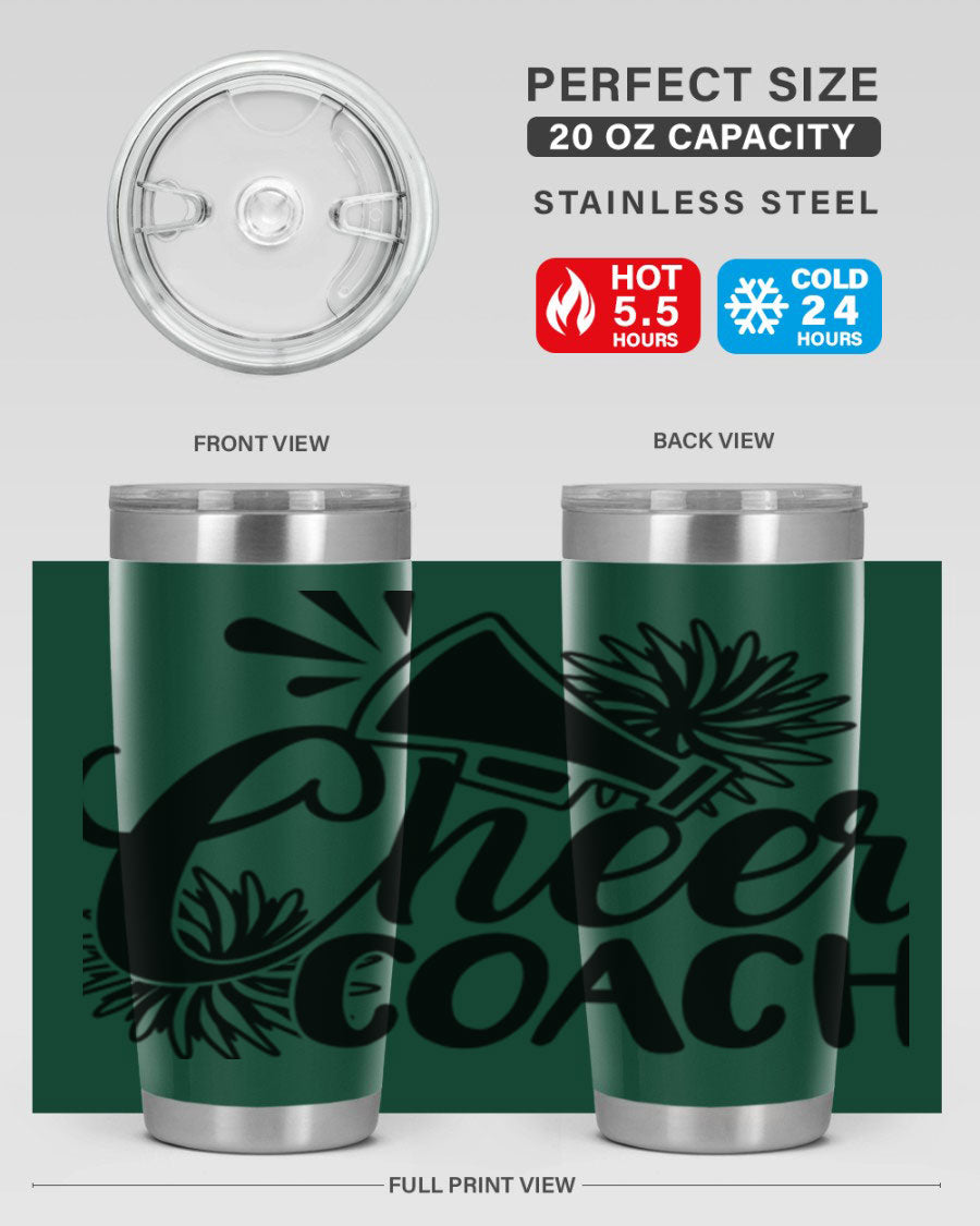 Cheer Coach 1392# Tumbler in stainless steel with a drink-thru lid, available in 20oz and 30oz sizes.