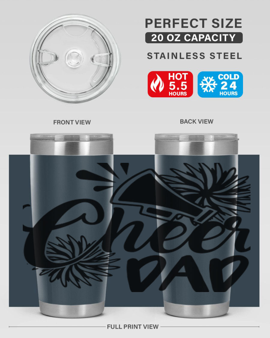 Cheer Dad 1391# 20oz Tumbler made of stainless steel with a drink-thru lid, showcasing its sleek design and vibrant print.
