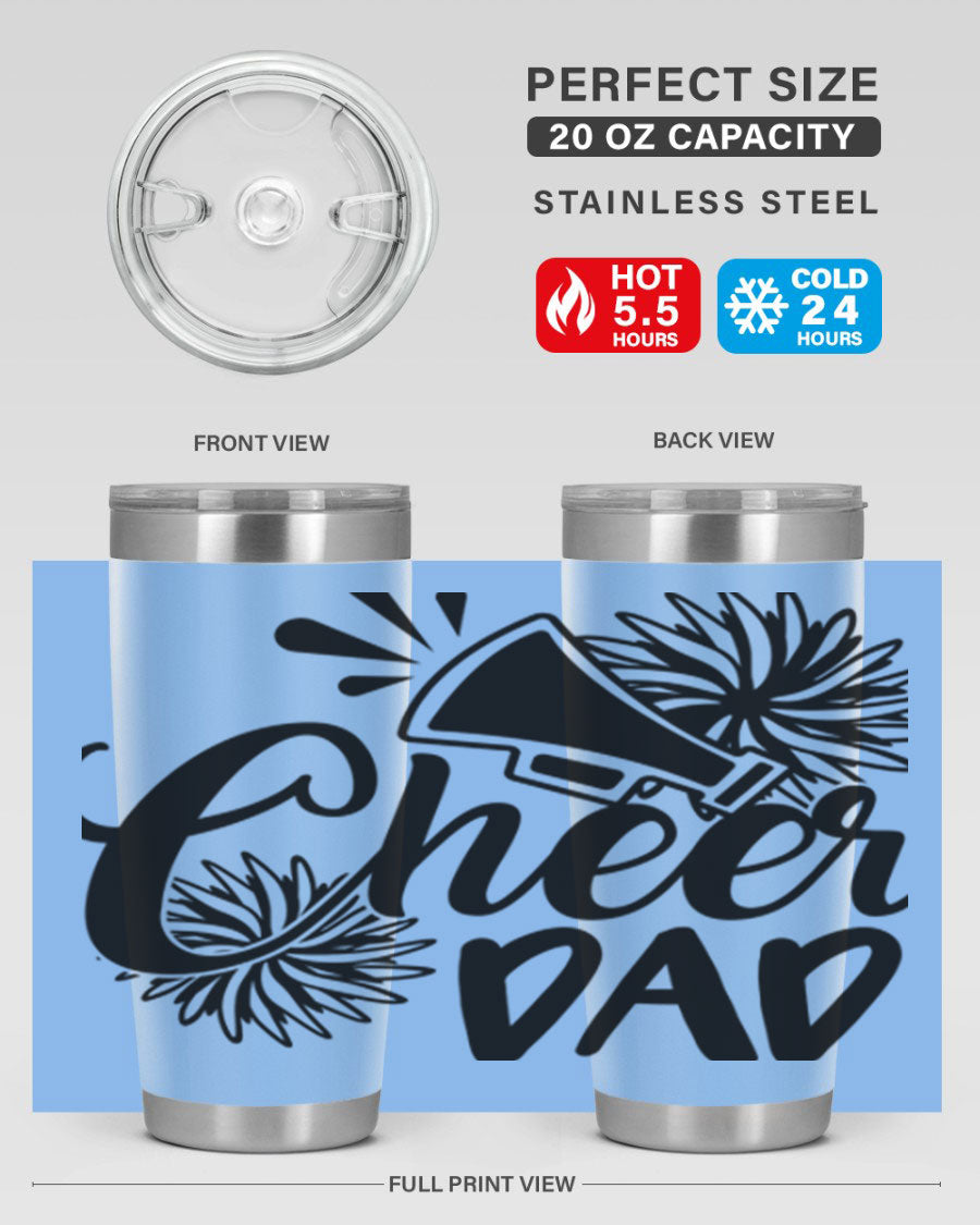 Cheer Dad 1391# 20oz Tumbler made of stainless steel with a drink-thru lid, showcasing its sleek design and vibrant print.