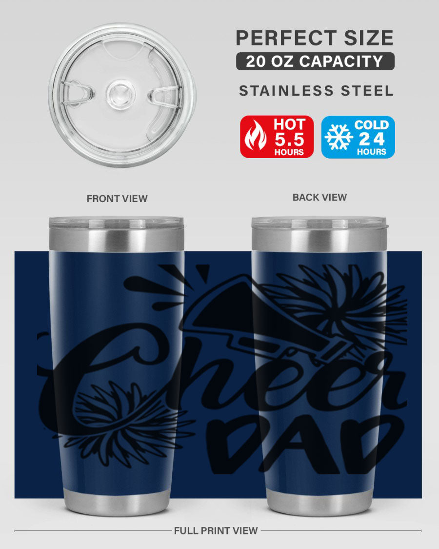 Cheer Dad 1391# 20oz Tumbler made of stainless steel with a drink-thru lid, showcasing its sleek design and vibrant print.