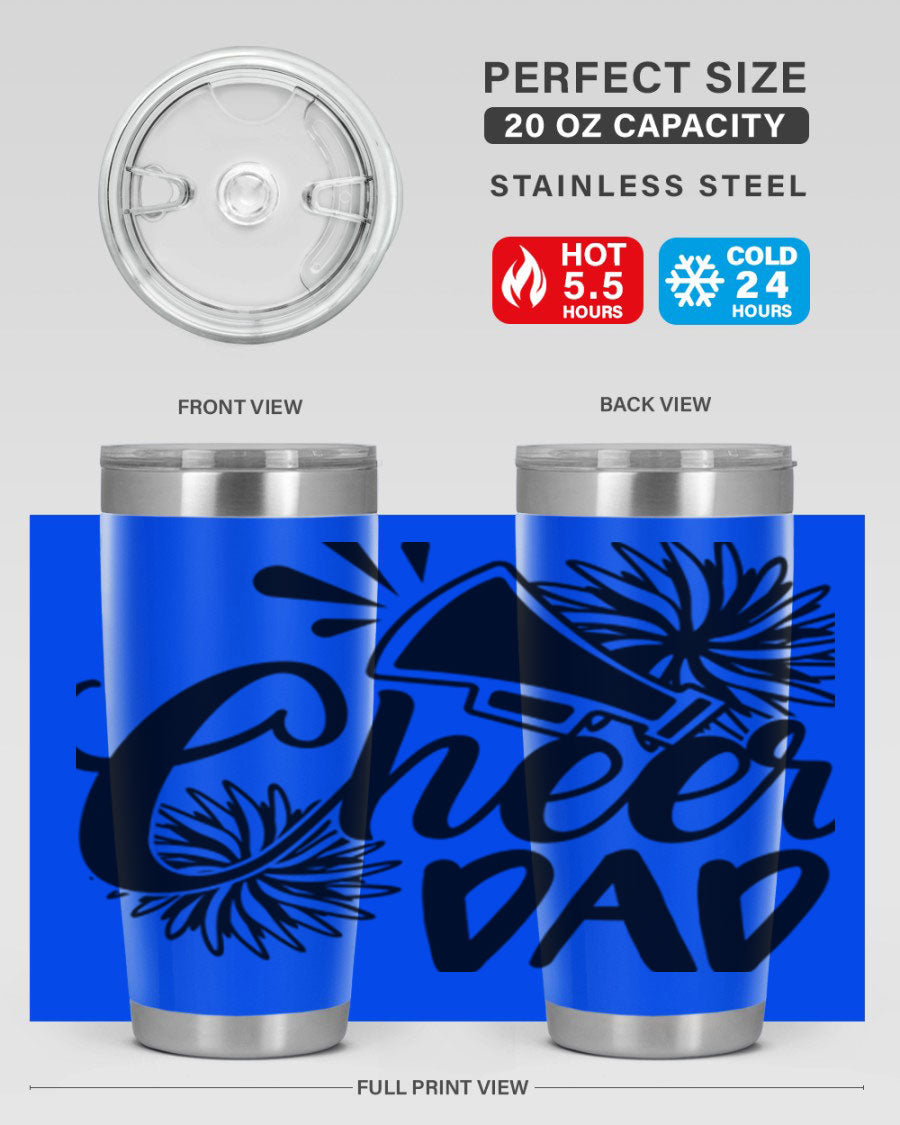 Cheer Dad 1391# 20oz Tumbler made of stainless steel with a drink-thru lid, showcasing its sleek design and vibrant print.