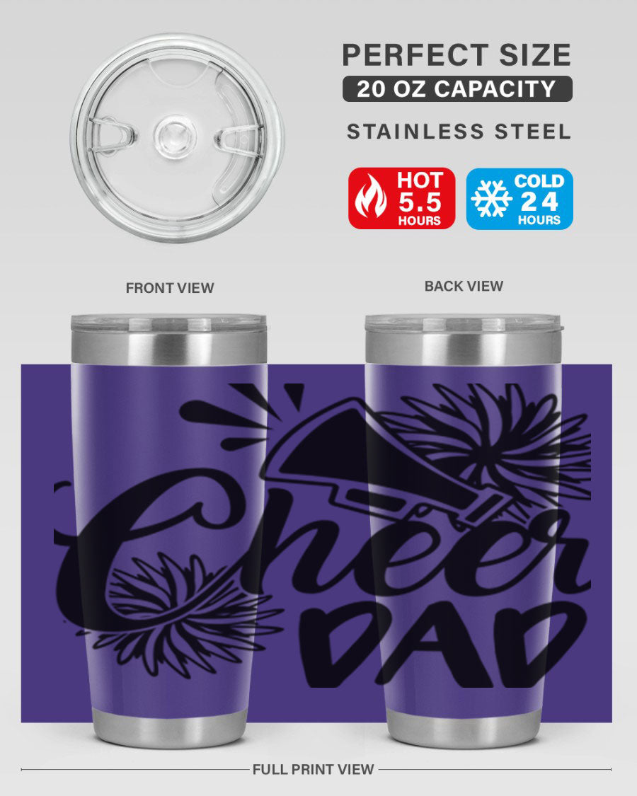 Cheer Dad 1391# 20oz Tumbler made of stainless steel with a drink-thru lid, showcasing its sleek design and vibrant print.