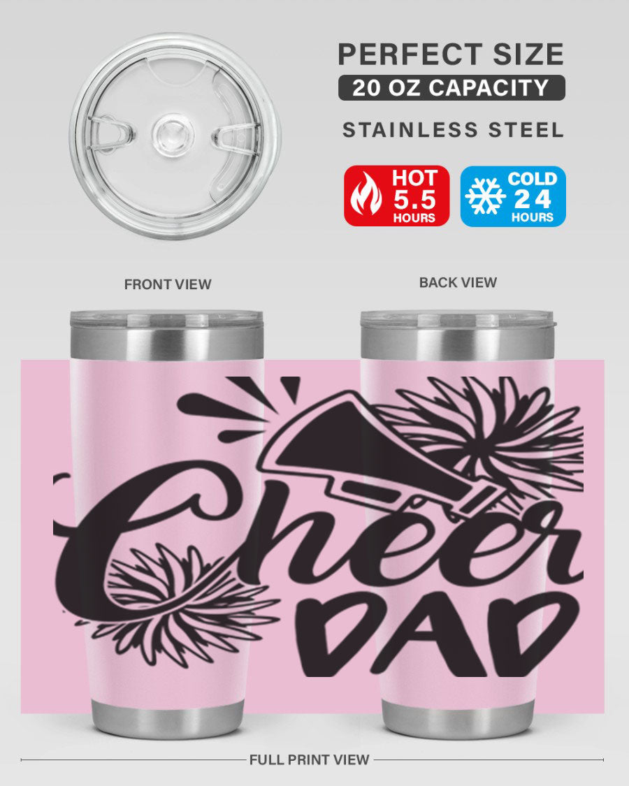 Cheer Dad 1391# 20oz Tumbler made of stainless steel with a drink-thru lid, showcasing its sleek design and vibrant print.