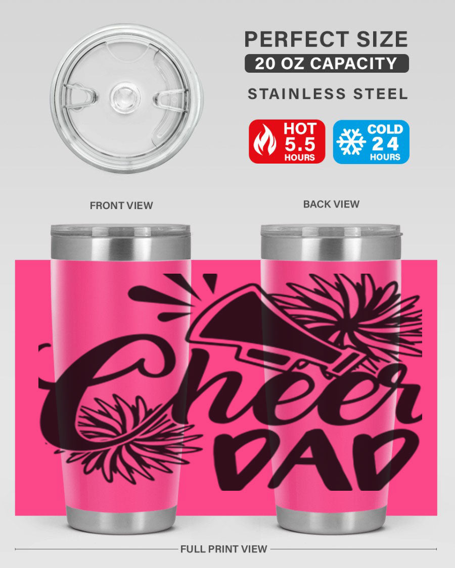 Cheer Dad 1391# 20oz Tumbler made of stainless steel with a drink-thru lid, showcasing its sleek design and vibrant print.