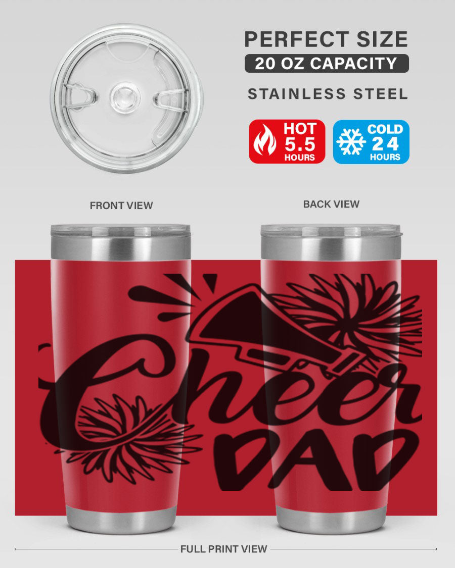 Cheer Dad 1391# 20oz Tumbler made of stainless steel with a drink-thru lid, showcasing its sleek design and vibrant print.
