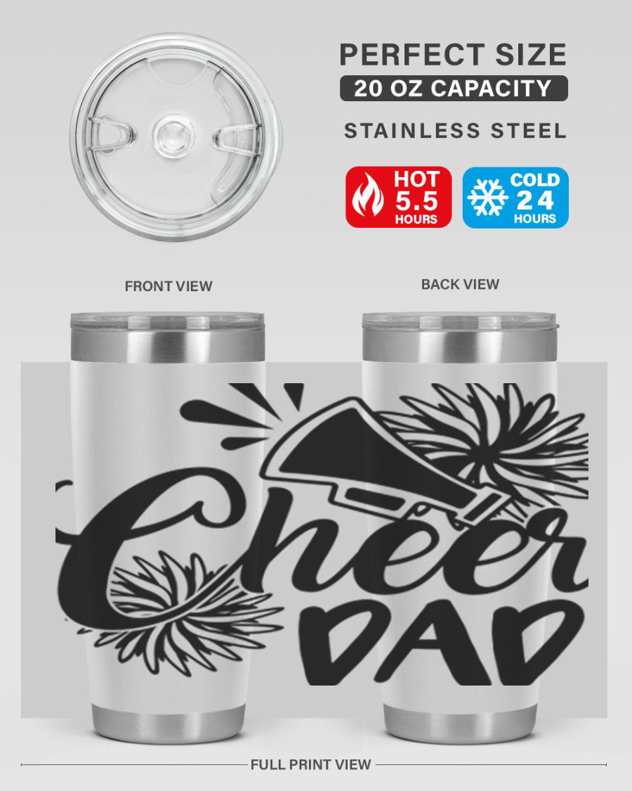 Cheer Dad 1391# 20oz Tumbler made of stainless steel with a drink-thru lid, showcasing its sleek design and vibrant print.