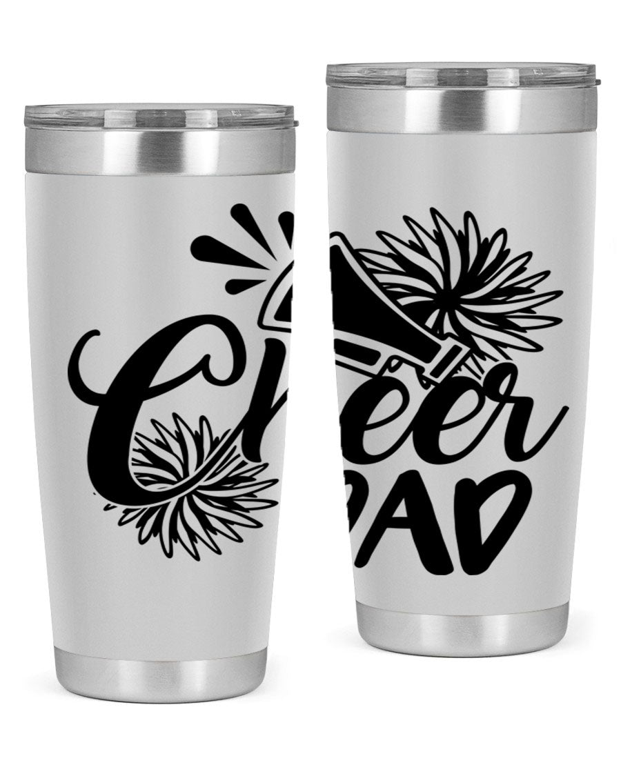 Cheer Dad 1391# 20oz Tumbler made of stainless steel with a drink-thru lid, showcasing its sleek design and vibrant print.