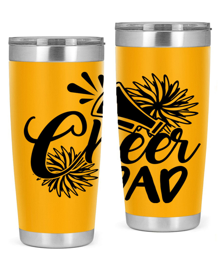 Cheer Dad 1391# 20oz Tumbler made of stainless steel with a drink-thru lid, showcasing its sleek design and vibrant print.