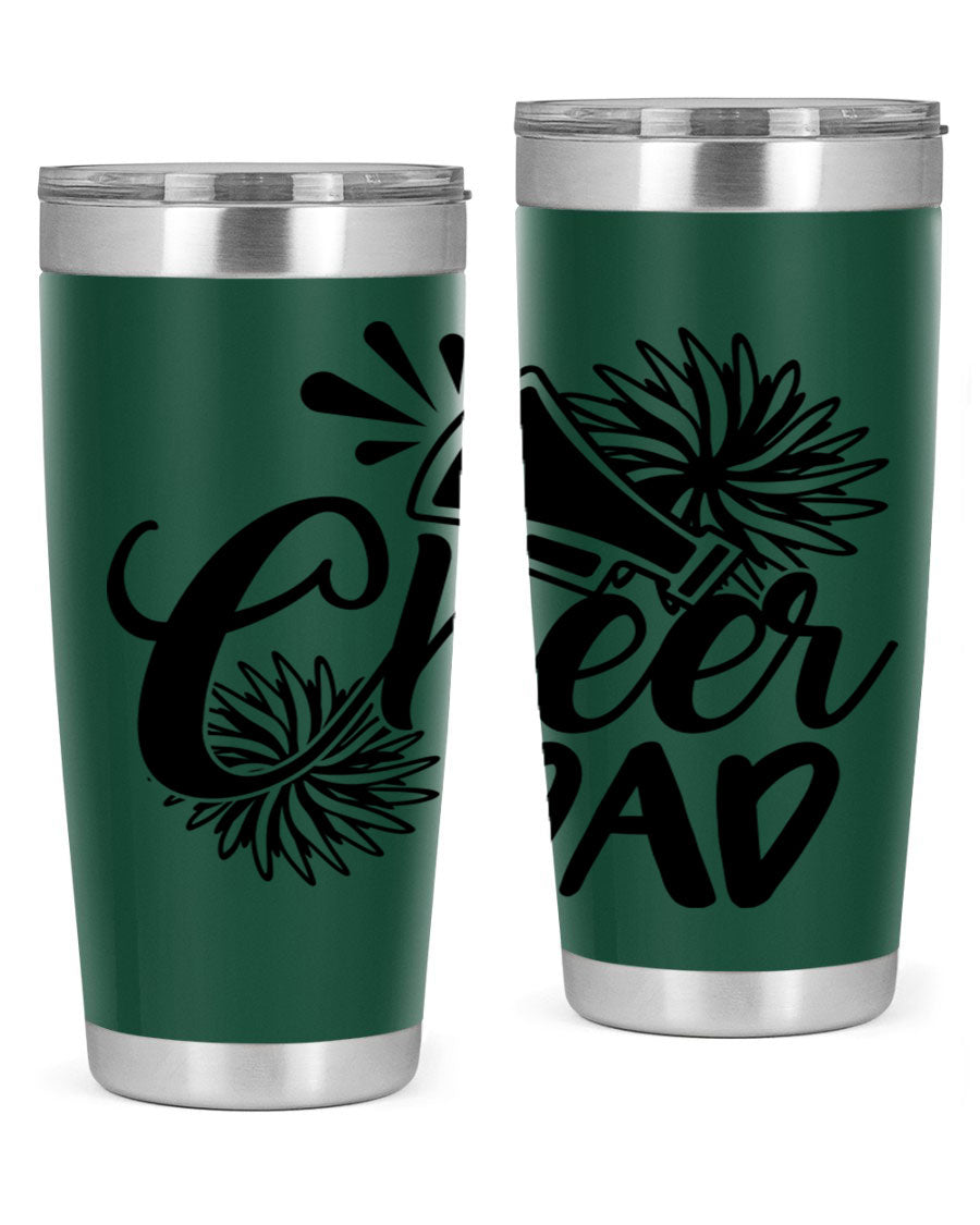 Cheer Dad 1391# 20oz Tumbler made of stainless steel with a drink-thru lid, showcasing its sleek design and vibrant print.