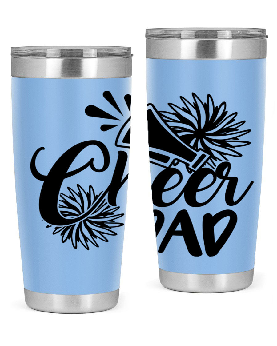 Cheer Dad 1391# 20oz Tumbler made of stainless steel with a drink-thru lid, showcasing its sleek design and vibrant print.