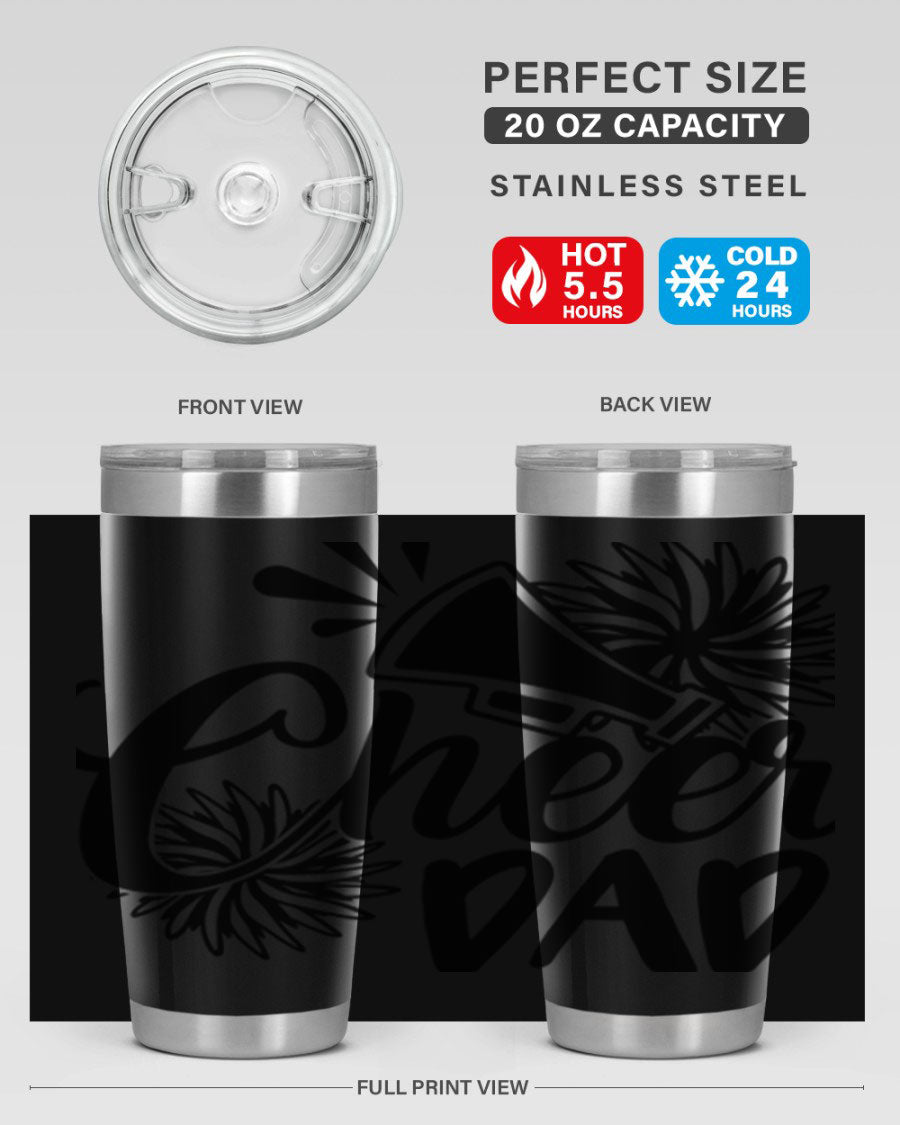 Cheer Dad 1391# 20oz Tumbler made of stainless steel with a drink-thru lid, showcasing its sleek design and vibrant print.