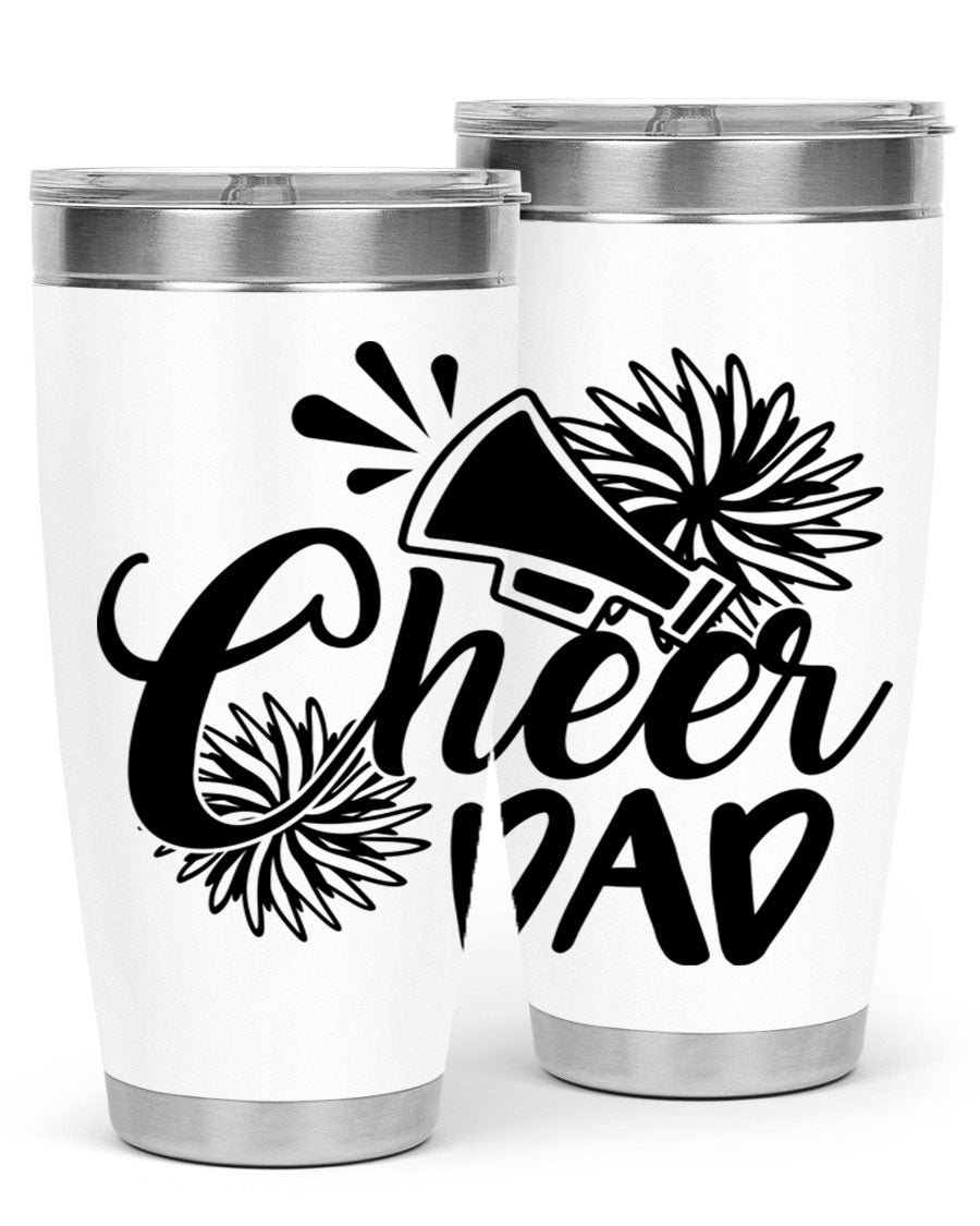 Cheer Dad 1391# 20oz Tumbler made of stainless steel with a drink-thru lid, showcasing its sleek design and vibrant print.
