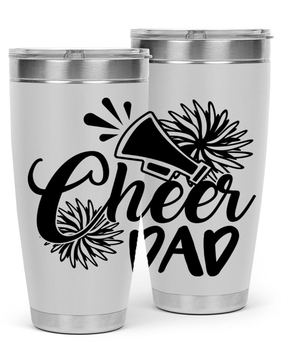 Cheer Dad 1391# 20oz Tumbler made of stainless steel with a drink-thru lid, showcasing its sleek design and vibrant print.