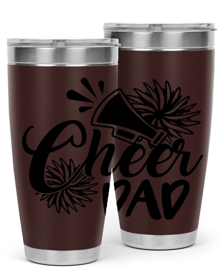 Cheer Dad 1391# 20oz Tumbler made of stainless steel with a drink-thru lid, showcasing its sleek design and vibrant print.