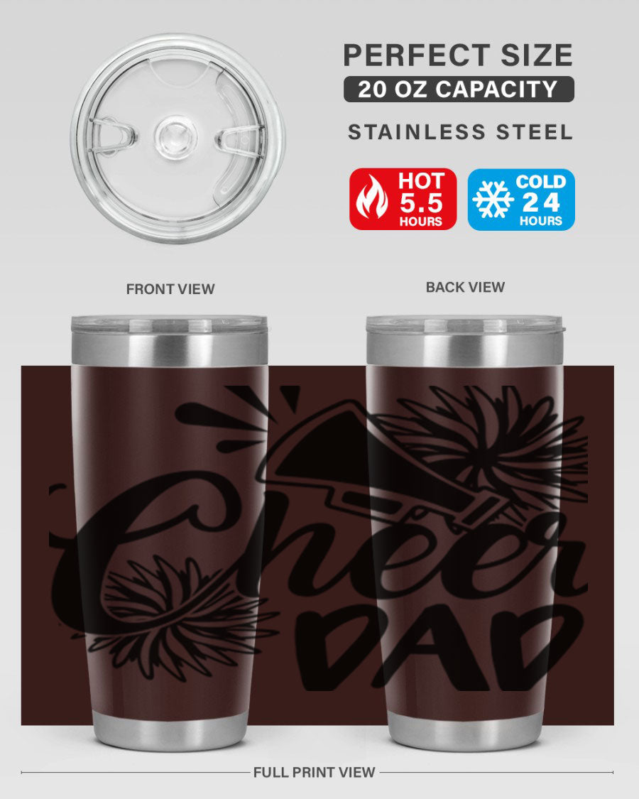 Cheer Dad 1391# 20oz Tumbler made of stainless steel with a drink-thru lid, showcasing its sleek design and vibrant print.