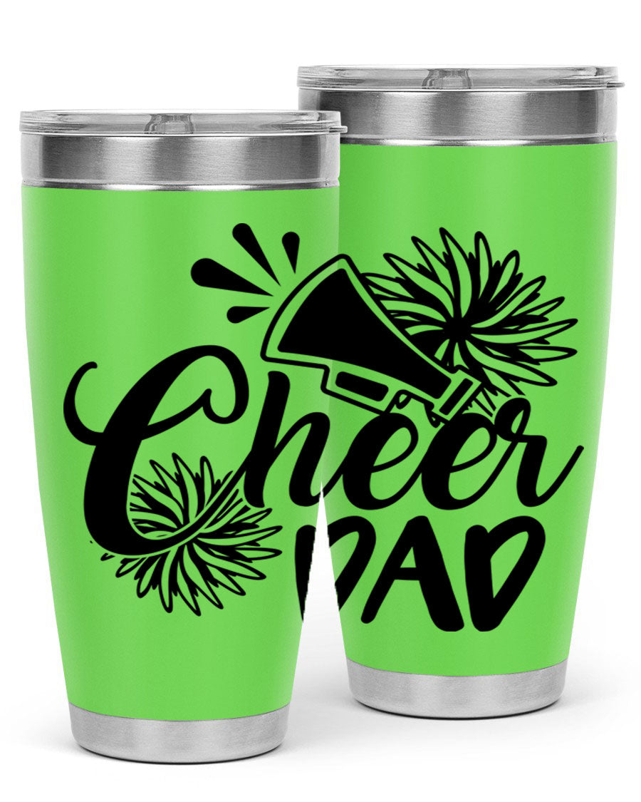 Cheer Dad 1391# 20oz Tumbler made of stainless steel with a drink-thru lid, showcasing its sleek design and vibrant print.