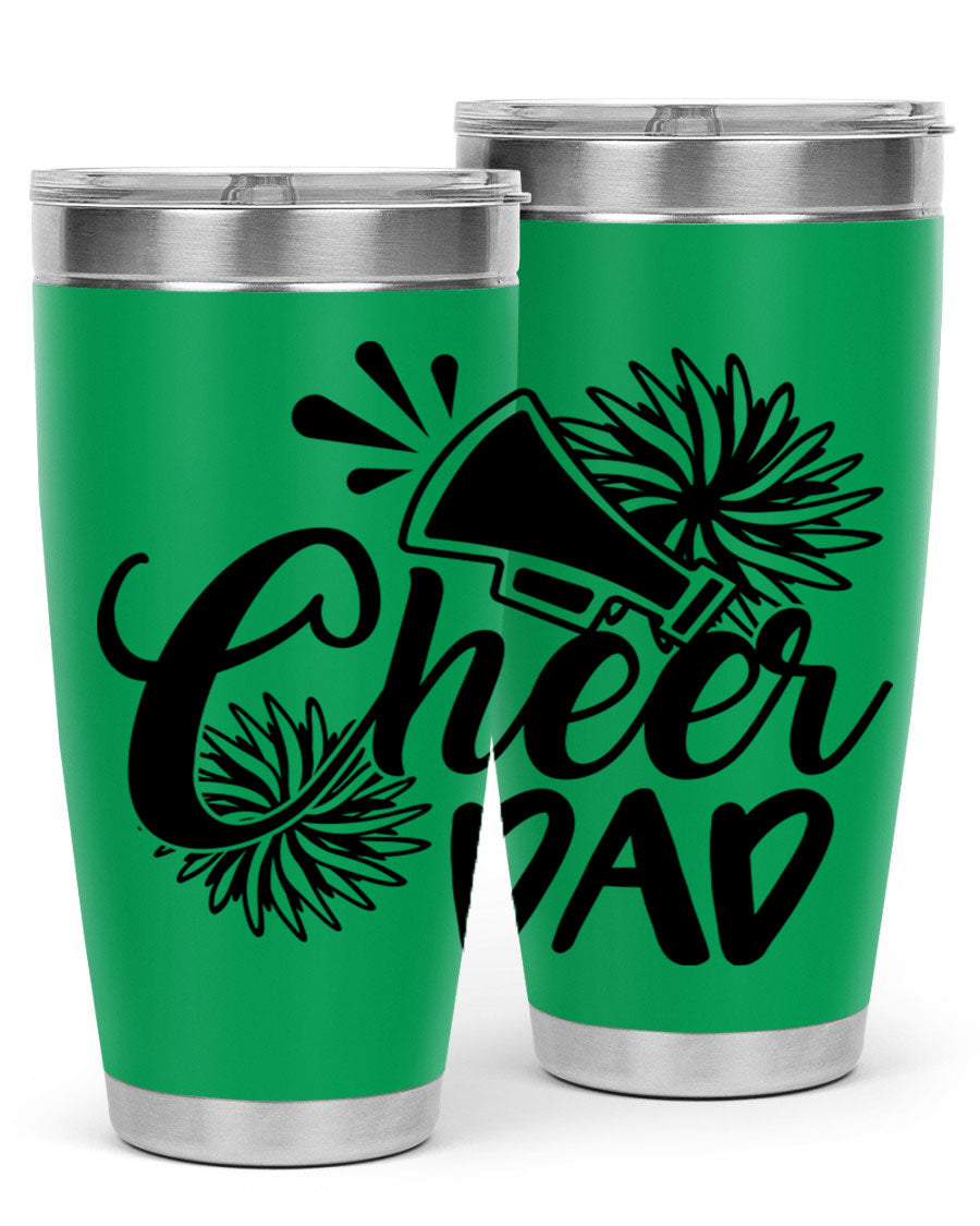 Cheer Dad 1391# 20oz Tumbler made of stainless steel with a drink-thru lid, showcasing its sleek design and vibrant print.