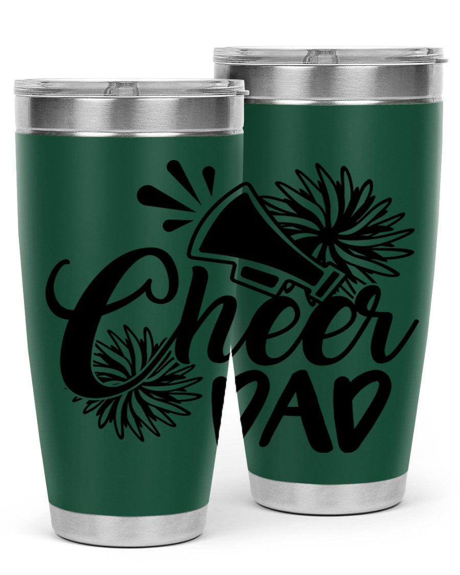 Cheer Dad 1391# 20oz Tumbler made of stainless steel with a drink-thru lid, showcasing its sleek design and vibrant print.